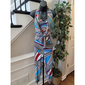 Halter Jumpsuit Women's Size L/XL Multicolor Stripe Summer Silk Romper Outfit